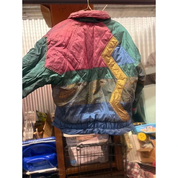 Vintage 80s groovy Bomber Jacket Metallic Teal Pink Gold Women's Size Large - Picture 6 of 12
